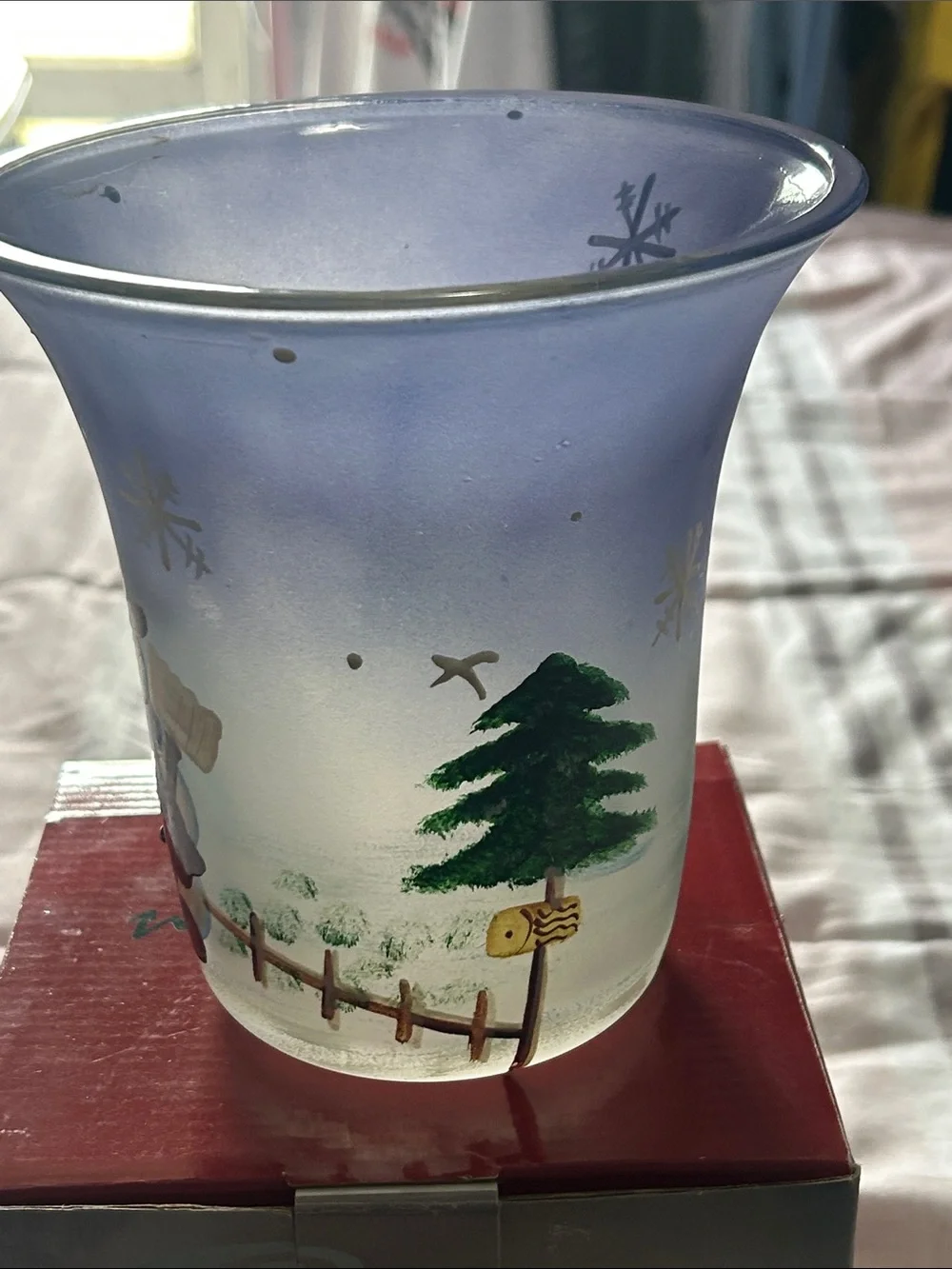 6” Frosted Snowman Hurricane- Blue/White Brand New in Box
